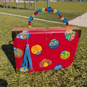 Handmade Ashton Cigar Box Purse Ladybug Decoupage Beaded Handle Whimsical Boho